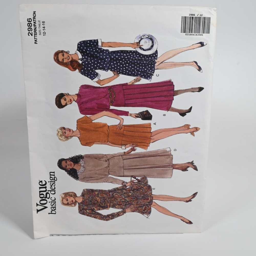 Vogue 2986 Sewing Pattern Misses Size 12-14-16 Uncut Factory Folded